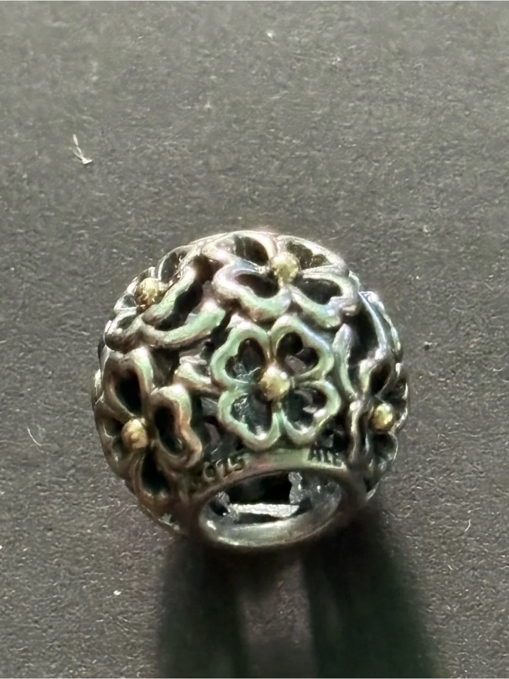 Pandora Silver Floral Openwork Charm Bead with Gold Accents